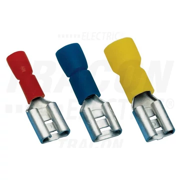 Szigetelt rátolható csatlakozó hüvely, sárgaréz, piros 6,3×0,8mm, 1,5mm2