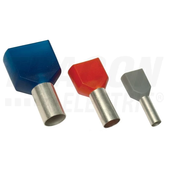 Szigetelt (PA6.6) iker-érvéghüvely, ónoz. elektr.réz, szürke 2×4mm2, l=12mm